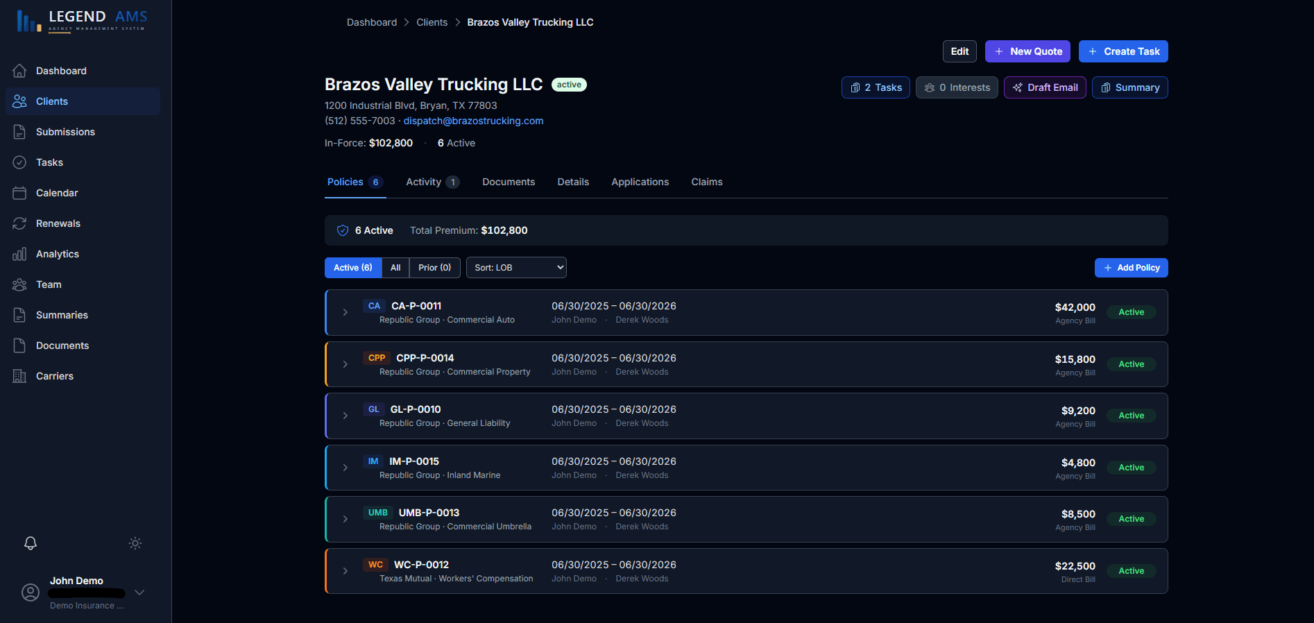Client detail view in Legend AMS